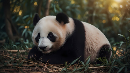 Fototapeta premium Adorable Panda Cub Snuggling on Mother’s Tummy - Wall Decor