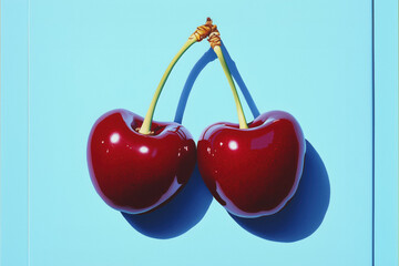 Two ripe red cherries connected by their green stems, casting shadows on a light blue background.