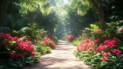 Tropical garden with vibrant exotic blooms and flowers high resolution hd image