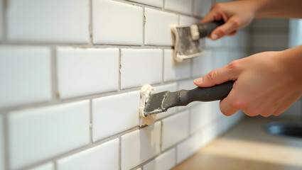 Close-up of hands applying grout to a white tile backsplash with a grout float. Kitchen renovation, bathroom remodeling, DIY tiling projects