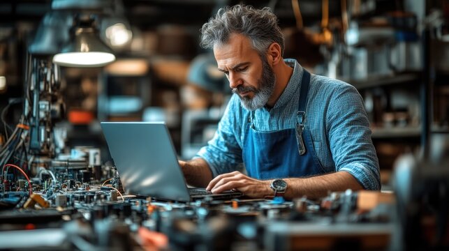 A skilled craftsman working on a laptop in a workshop filled with tools and electronic componen