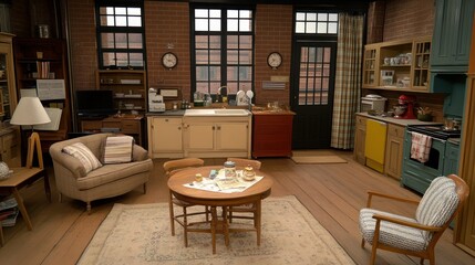 Cozy, well-lit loft kitchen and living area, perfect for a sitcom or film set