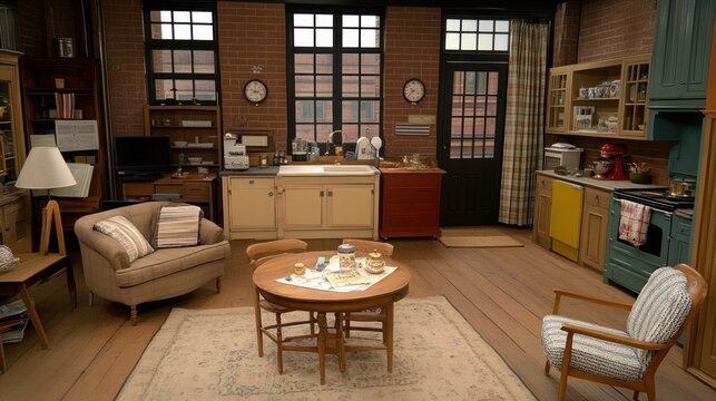 Cozy, well-lit loft kitchen and living area, perfect for a sitcom or film set