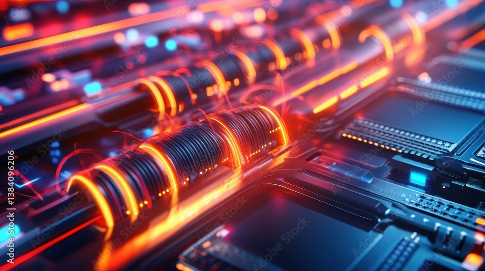 Poster experience vibrant, glowing data cables pulsating with energy in a bustling computer server, illumin