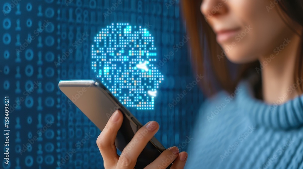 Poster a womans hand grips a phone, projecting a glowing ai head hologram against a blue backdrop of binary
