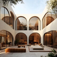 Modern Minimalist Courtyard House with Arch Windows and Beige Interior Design