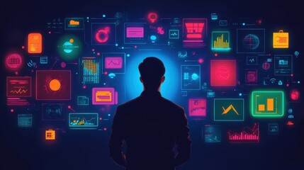 A man is looking at a computer screen with many different colored graphs