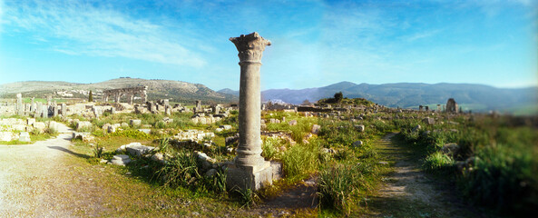 Panoramic view of ancient Roman ruins at an archaeological site, Volubilis, Morocco.