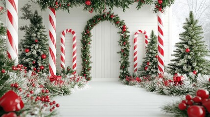 Festive Christmas scene with candy canes, wreaths, and snow-covered trees.