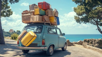 Overpacked vintage car ready for a road trip by the sea.