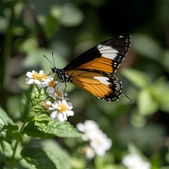 Striking Orange Black Butterfly on Delicate White Flowers in Lush Garden