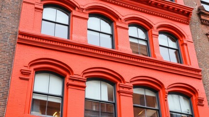 Obraz premium Vibrant red brick building facade with arched windows