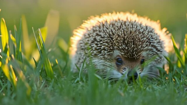 A cute young hedgehog sitting in the grass with spiky brown fur