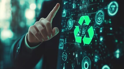 Person interacting with a digital recycling symbol, showcasing eco-friendly technology and sustainable practices.