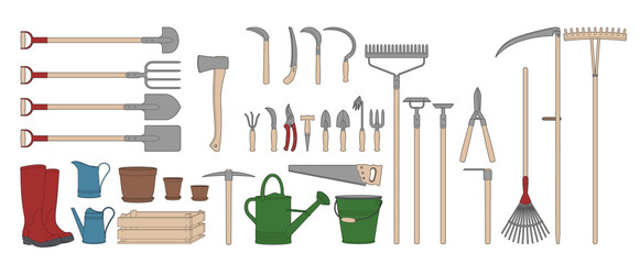 Garden tools set. Vector illustration isolated on white. Black line. Coloring page.