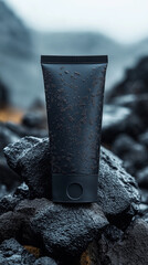 Black cosmetic tube resting on volcanic rocks, blurred ocean and mountain landscape highlighting natural skincare product packaging