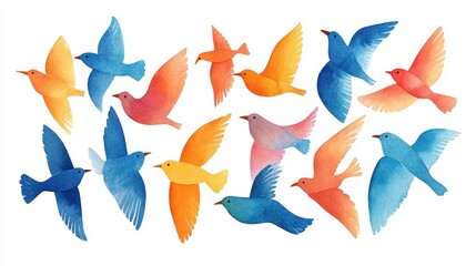 Fototapeta premium A row of birds in the sky with different colors