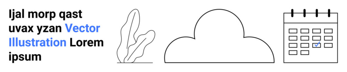 Plant outline, cloud shape, and calendar grid in clean, minimalist style. Ideal for organization, productivity, scheduling, nature themes, digital apps workflow management simple landing page