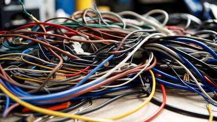 Colorful chaos of tangled wires on a table