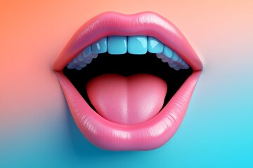 Obraz premium A human mouth with tongue illustrated in vector art style, set against a split pink and blue background, bold and modern.