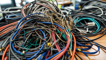 Colorful wires entangled in chaotic disarray on table