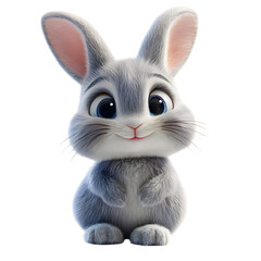 A Fluffy 3D Cartoon Rabbit with Long Droopy Ears and Blue Eyes Isolated on Transparent Background