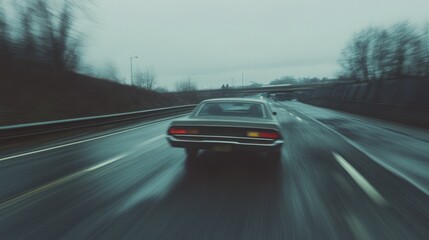 Obraz premium Classic muscle car driving on a rain-swept highway.