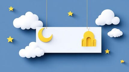 Islamic design with clouds, crescent moon, and mosque