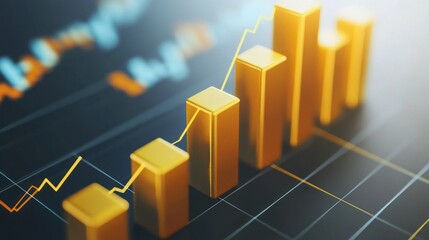 Ascending golden bar graph illustrating growth and financial success over a dark background with subtle line charts.
