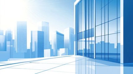 Modern city skyline, glass building, sunrise, plaza