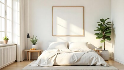 Fototapeta premium Mockup frame in bedroom interior background, light bohemian room, 3d render modern villa house interior created with generative ai
