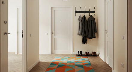 Modern Apartment Entryway Featuring Geometric Rug And Wall Hooks
