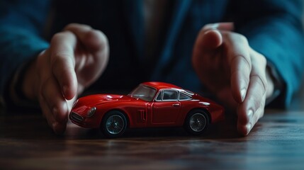 Hands protecting a red classic toy car on a wooden table.