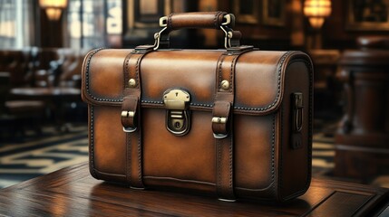 Vintage Leather Briefcase on Wooden Table in Elegant Setting