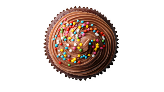 Delicious chocolate cupcake with sprinkles top view isolated on black background for sweet dessert on transparent background