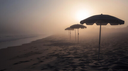 Misty beach sunrise with umbrellas (2)