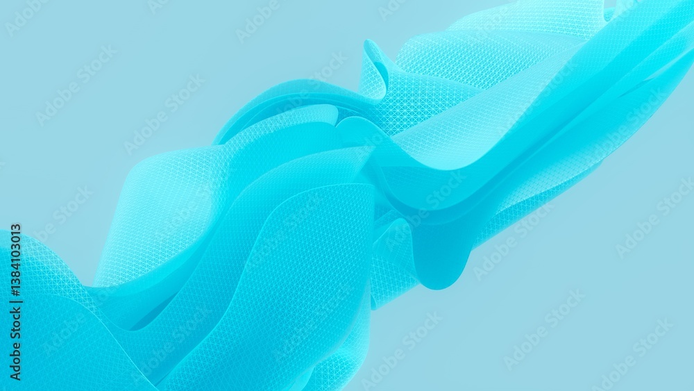 Poster smooth cyan 3d fabric wave with mesh pattern, flowing motion and futuristic digital texture