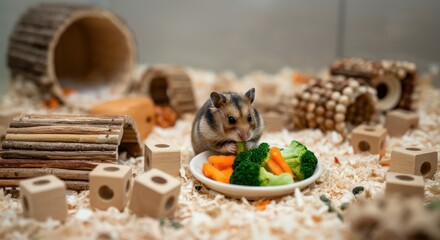 Hamster eating vegetables in playful enclosure