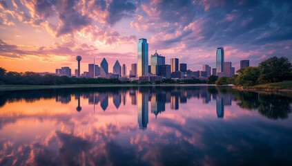 Fototapeta premium Dallas skyline reflected in calm waters at sunrise. Vibrant colors paint the sky with clouds