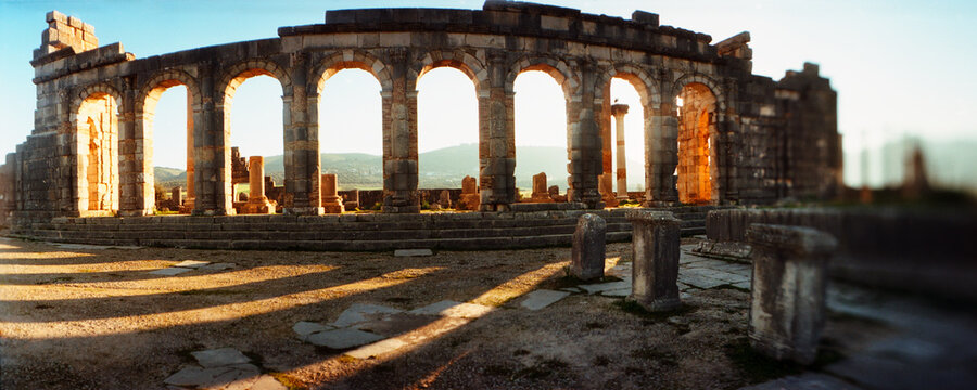 Panoramic view of ancient Roman ruins at an archaeological site, Volubilis, Morocco.