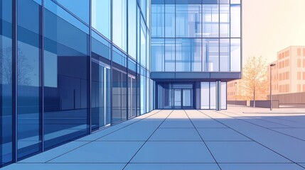 Fototapeta premium Modern glass office building entrance, city street background, sunny day, corporate real estate