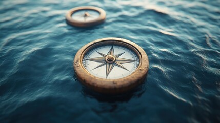 Vintage Compasses Floating on Calm Water Surface Nautical Navigation Tools Maritime Explorati