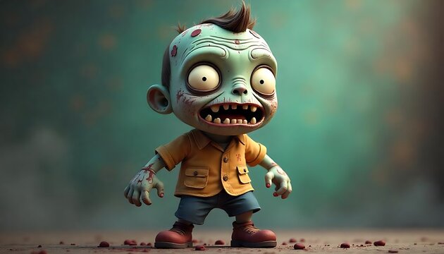 Funny cartoon zombie , 3d render cute cartoon character realistic, Adorable Zombie Kid 3D Render, created with generative ai