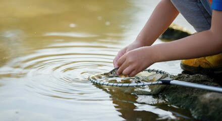 Child fishing in calm river, holding small fish net
