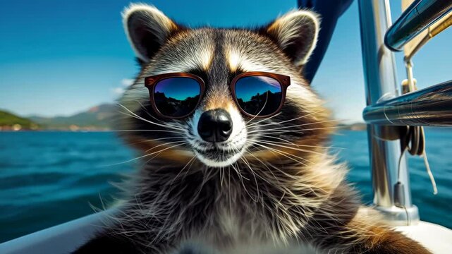 A raccoon is sitting on a boat in the ocean, Ai Generated