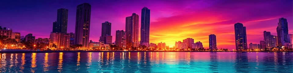 Obraz premium Breathtaking Sunset Over City Skyline Panoramic View with Illuminated Urban Buildings Reflecting on Calm Water Vibrant Orange Purple Pink Sky Cityscape Photography