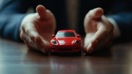 Close-up of hands protecting a red toy car.