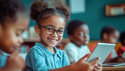 Happy Students Engaging With A Tablet Device In Classroom Setting At School, Displaying Smiles And Enthusiasm.
