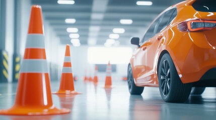 Orange car in driving school, parking lot with cones.