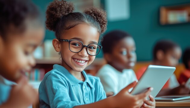Happy Students Engaging With A Tablet Device In Classroom Setting At School, Displaying Smiles And Enthusiasm.